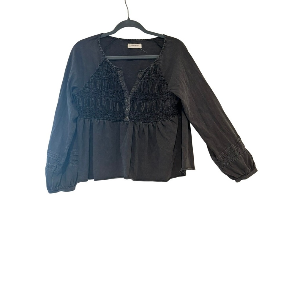 Lucky Brand sz M charcoal/black balloon sleeve boho ruched cotton shirt Q